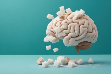 brain made entirely of sugar, with parts crumbling away, visually representing the negative impact of excessive sugar consumption on cognitive health