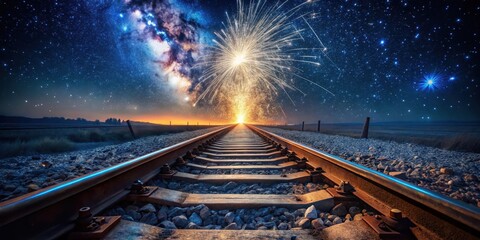 Obraz premium A Celestial Fireworks Display Over a Railroad Track Extending into the Night Sky