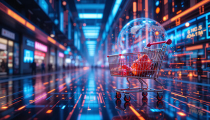 A futuristic digital marketplace with real-time global transactions and a glowing shopping cart concept visualizing seamless online purchases.