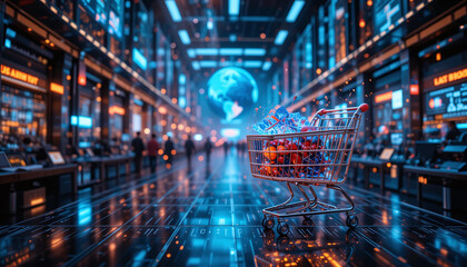 Fototapeta premium A futuristic digital marketplace with real-time global transactions and a glowing shopping cart concept visualizing seamless online purchases.