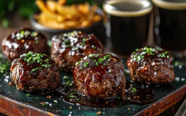 Flying steak bites with crispy crust and Irish stout glaze on vibrant backdrop