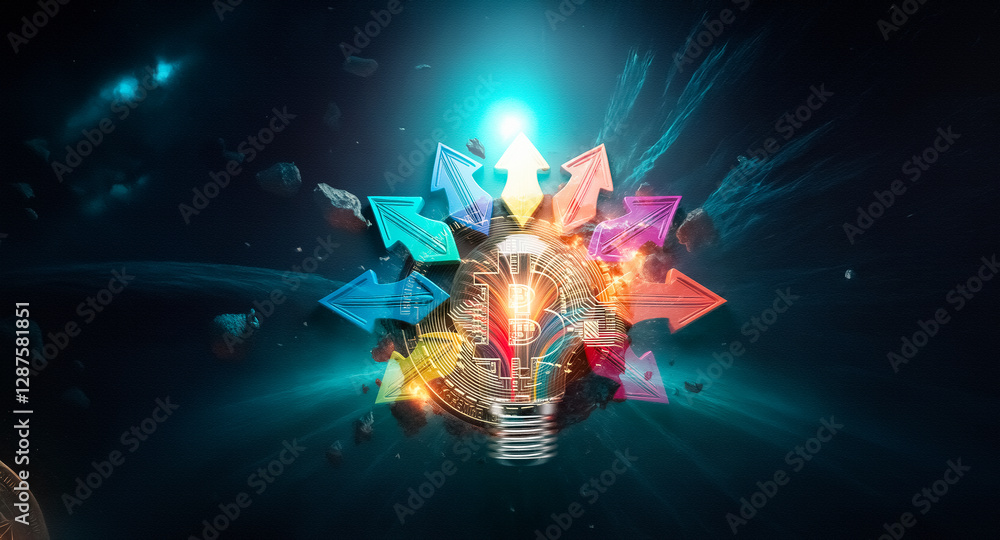 Poster a bright light bulb, illuminated and surrounded by colorful arrows pointing inwards on a dark backgr