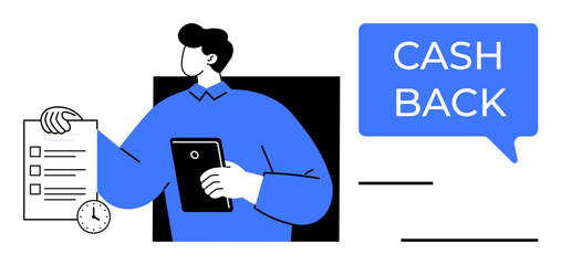 Man holding a tablet and checklist, small clock beside. Cash Back speech bubble. Ideal for financial rewards, business strategies, time management, customer loyalty, refund processes, marketing