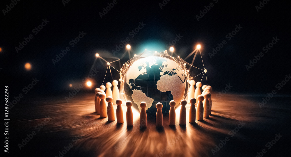 Poster wooden figures encircle a glowing globe, linked by bright lines in a dark setting, representing worl