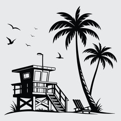 A lifeguard station silhouette with palm trees framing the scene design vector art and illustration