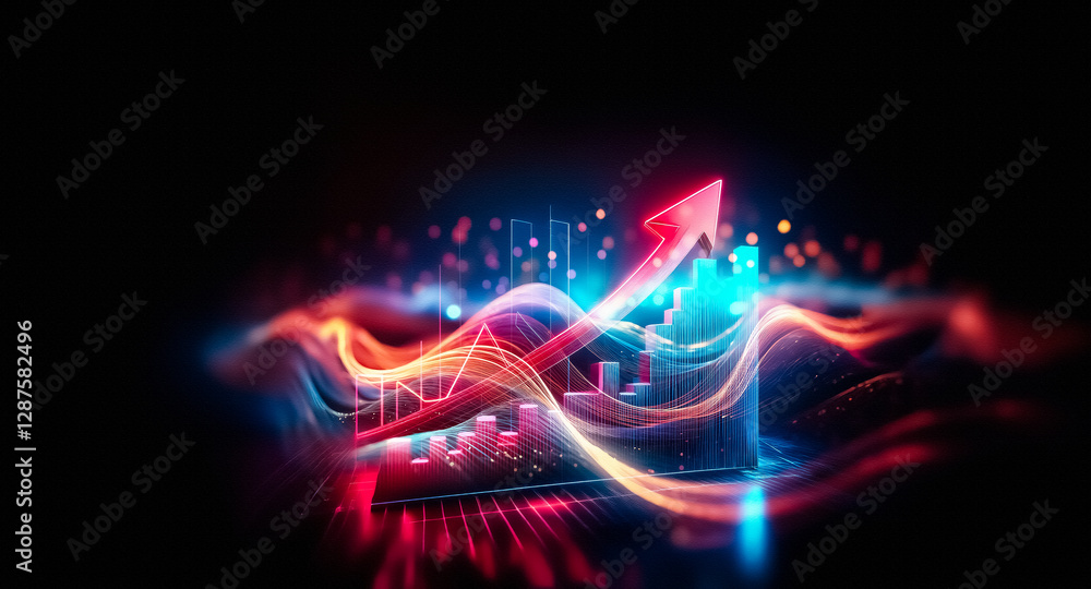 Poster neon bar chart with a red arrow pointing upward against a dark backdrop, showcasing growth and posit