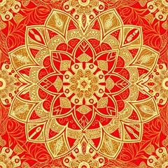 Seamless pattern, drawing, watercolor, mandala ornament with gold patterns and exquisite details, detailed mandala pattern in red and gold color scheme