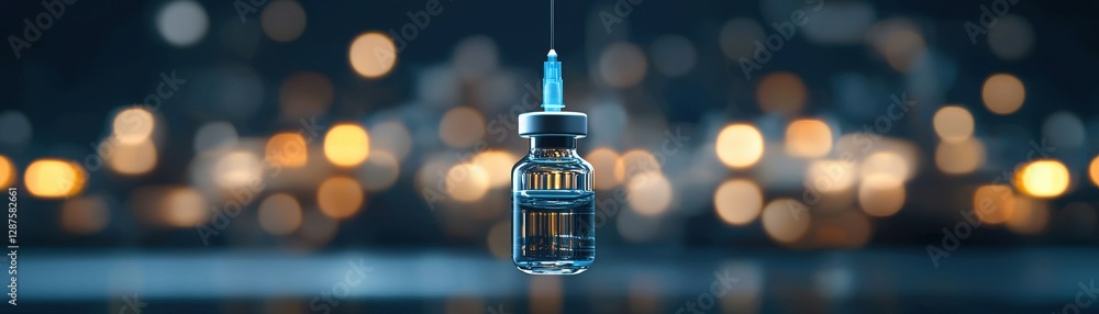 Poster a syringe and vial are prominently displayed against a blurred background of lights, creating a clin