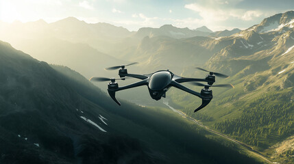 Fototapeta premium A high-tech drone flying over a picturesque mountain landscape