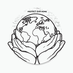 Protect Our Home A hands holding Earth illustration with a message of sustainability