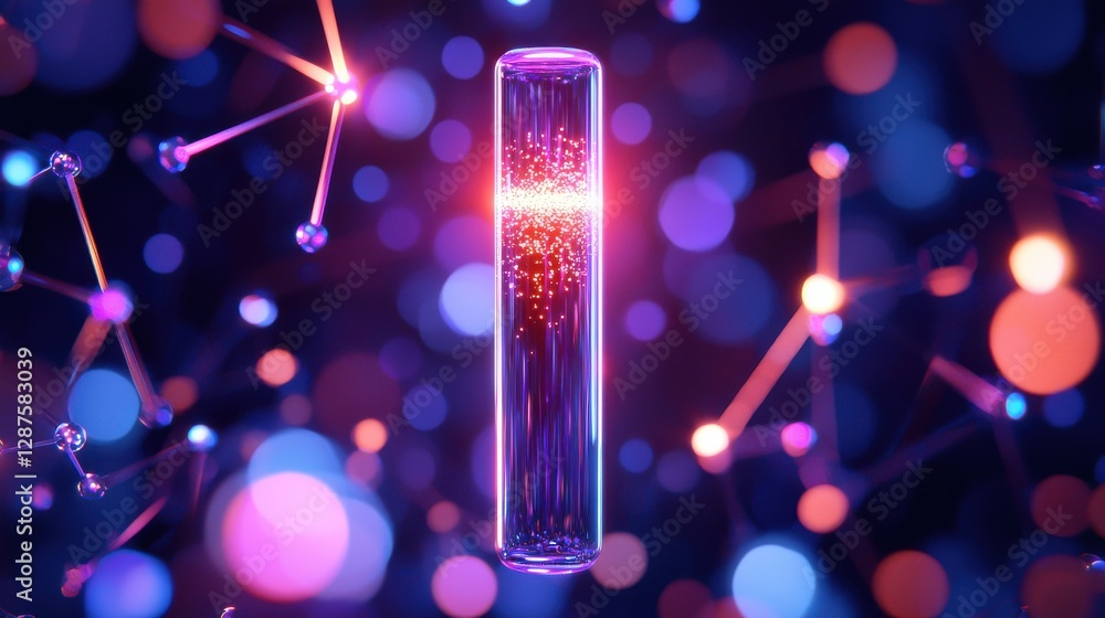 Poster an abstract representation of a glowing cylinder amidst colorful particles, suggesting themes of sci
