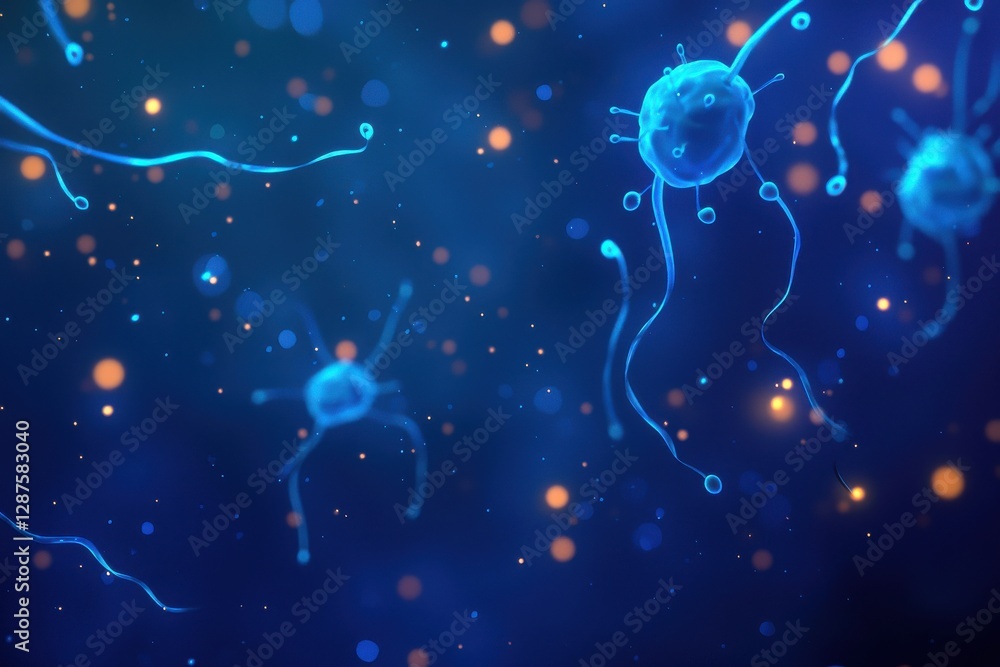 Poster abstract image of blue microorganisms floating in a dark space, illuminated by glowing particles, su