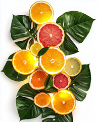 An artful arrangement of citrus fruits and green grapes is decorated with tropical foliage. The composition has vibrant colors and a fresh, summery feel.
