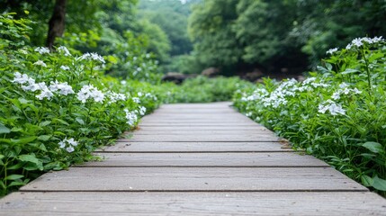 Obraz premium Wooden path through blooming garden, forest background, nature serenity