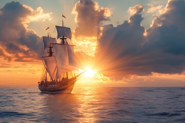 Old sailing ship navigating at sunset in the ocean