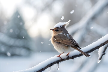 A tiny bird, its feathers fluffed up against the cold, perches delicately on a snow-covered branch