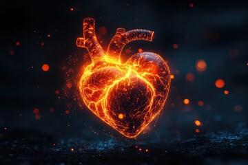 A fiery heart glows with vibrant orange and red hues, symbolizing passion, love, and vitality against a dark background.