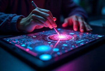 Fototapeta premium A hand holds the electronic circuit board, its processor a tiny bet in the complex game of modern technology