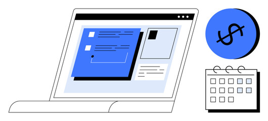 Open laptop with digital financial dashboard, calendar, and dollar sign icon. Ideal for financial management, budgeting, scheduling, tech tools, business planning, productivity and digital