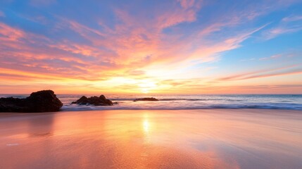 Obraz premium Coastal sunset; tranquil beach scene; golden hour; soft clouds