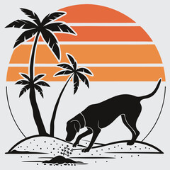 Dog  digging in the sand with a retro beach in the background silhouette  design vector art and illustration