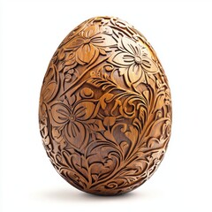 Happy Easter ornate egg with carved wooden details and rustic patterns isolated on white background
