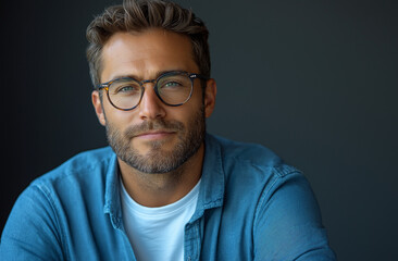 Obraz premium Confident Bearded Man in Glasses with Arms Crossed – Professional Portrait with Casual Blue Shirt, Isolated on White Background. Strong Expression, Sharp Focus, and Copy Space for Design Use