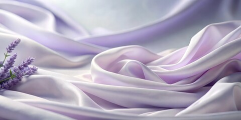Obraz premium Serene Lavender Blooms Resting on Soft, Draped Lilac Fabric, Evoking a Sense of Calm and Tranquility