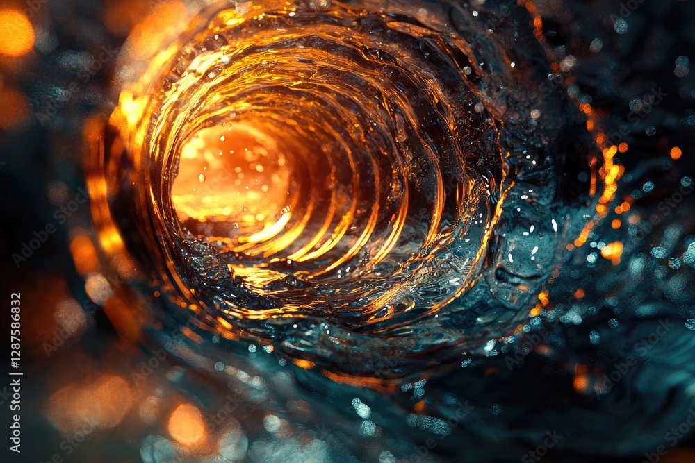 Poster a mesmerizing close-up of swirling water illuminated by warm light, creating a captivating tunnel ef