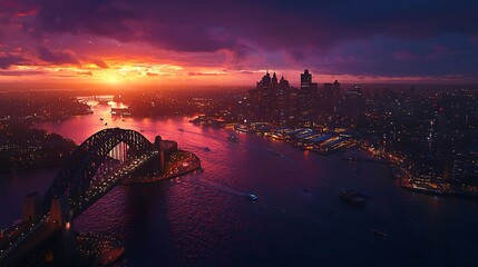 Sydney Harbour Bridge sunset aerial panorama; city lights; harbor boats; dramatic sky; travel tourism