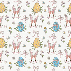 Seamless pattern with rabbit cartoons with pink bow, daisy flower, bow ribbon, and Easter eggs on white background Easter illustration