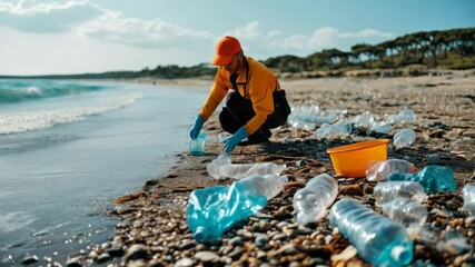 Volunteer Cleans Beach While Collecting Plastic Waste During Sunny Afternoon - Powered by Adobe