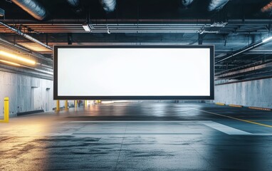 Large digital billboard in underground parking lot; blank vertical 6-sheet OOH mockup
