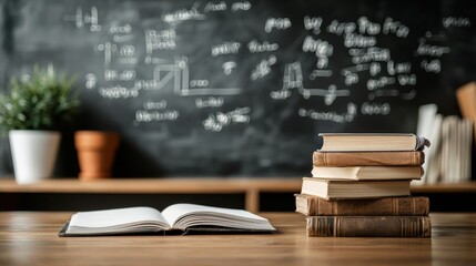 A modern workspace featuring an open book, stacked books, and a chalkboard with scientific equations.