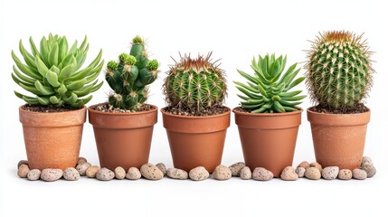 Fototapeta premium A vibrant display of five potted succulents and cacti, arranged on stones, showcasing diverse shapes and textures in terracotta pots.