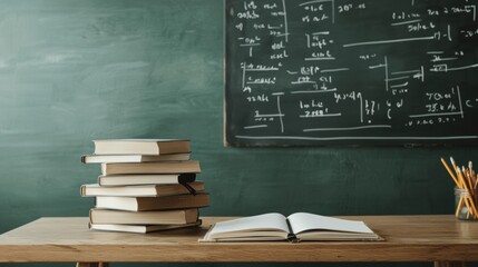 A stack of books on a desk with an open book and a blackboard filled with mathematical equations in the background.