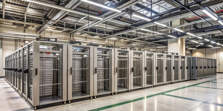 Modern Data Center Infrastructure Rows of Secure Server Racks in a Well-Lit Facility