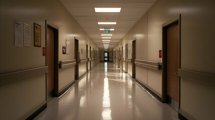 Long Hospital Hallway with Bright Lighting and Beige Walls