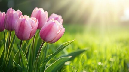 Obraz premium Pink tulips bloom gracefully in a sunlit field, showcasing their vibrant colors against a backdrop of lush green grass.