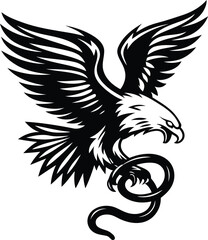 Eagle gripping a snake silhouette vector art, Eagle gripping a snake black line art vector illustration, Eagle gripping a snake isolated vector icon design