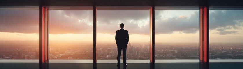 A person in a suit stands by large windows, gazing out at a vibrant sunset over a city skyline, creating a contemplative and inspiring ambiance.