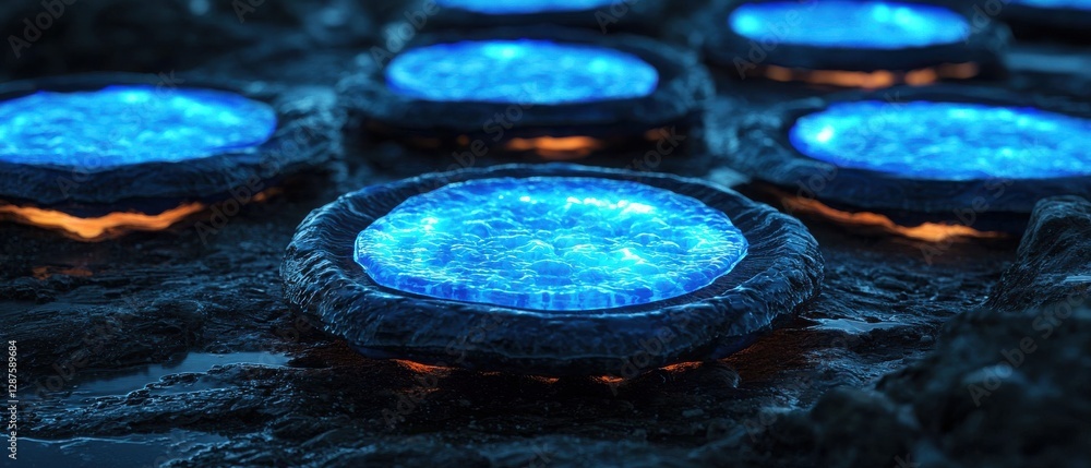 Poster a futuristic scene featuring glowing blue circular elements on a textured surface, creating an other