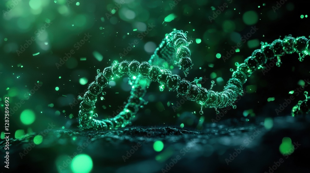 Poster a mesmerizing, abstract representation of a green, glowing strand, surrounded by floating particles,