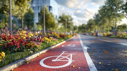 Urban bike lane, flowers, city buildings background, sunny day, sustainable transport