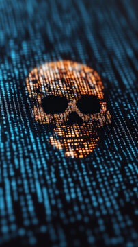 Digital skull design with binary code background, symbolizing cyber threats