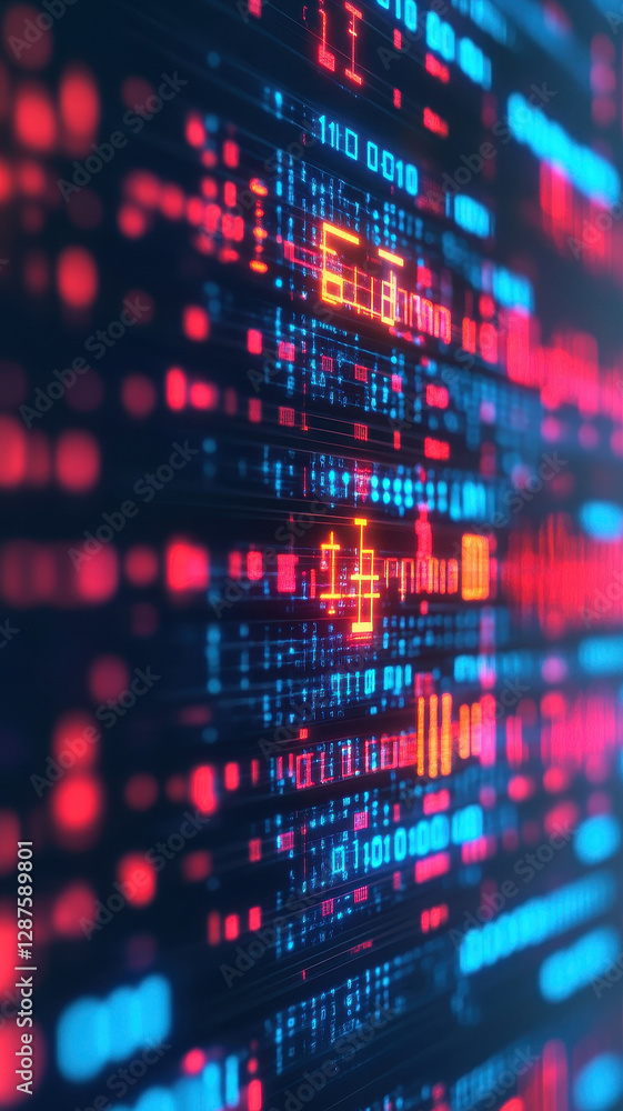 Poster digital interface with binary code and vibrant colors, evoking futuristic feel