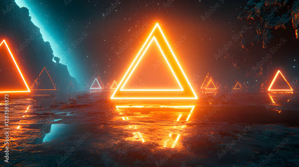 Poster group of glowing triangles arranged in a pattern on a dark background for abstract design