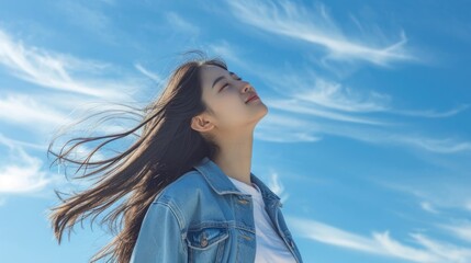 Young woman with long hair blowing in the wind enjoys a sunny day against a bright blue sky.