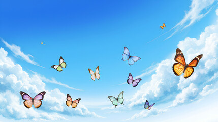 Obraz premium Vibrant Butterflies Soaring Freely Against a Clear Blue Sky Symbolizing Diversity and Acceptance - Zero Discrimination Day