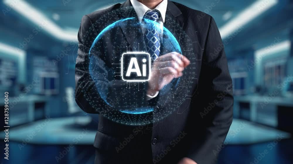 Poster human interact with ai artificial intelligence brain processor in concept of ai artificial intellige